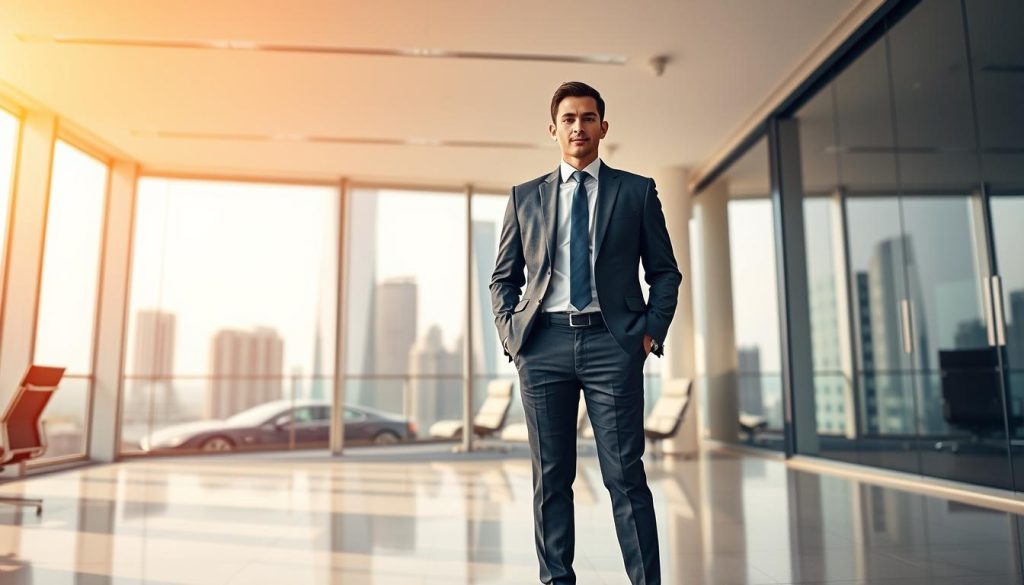 A meticulously composed image showcasing the advantages of the Umalis Group's salarial portage. In the foreground, a well-dressed professional stands confidently, hands in pockets, conveying the flexibility and autonomy of this employment model. The middle ground features a sleek, modern office setting, symbolizing the infrastructure and support the Umalis Group provides. In the background, a cityscape with towering skyscrapers hints at the vast opportunities and career progression available through salarial portage. Warm, golden lighting creates an aspirational atmosphere, while a slightly low camera angle emphasizes the subject's authority and success. This image epitomizes the empowerment and advantages of the Umalis Group's salarial portage solution.