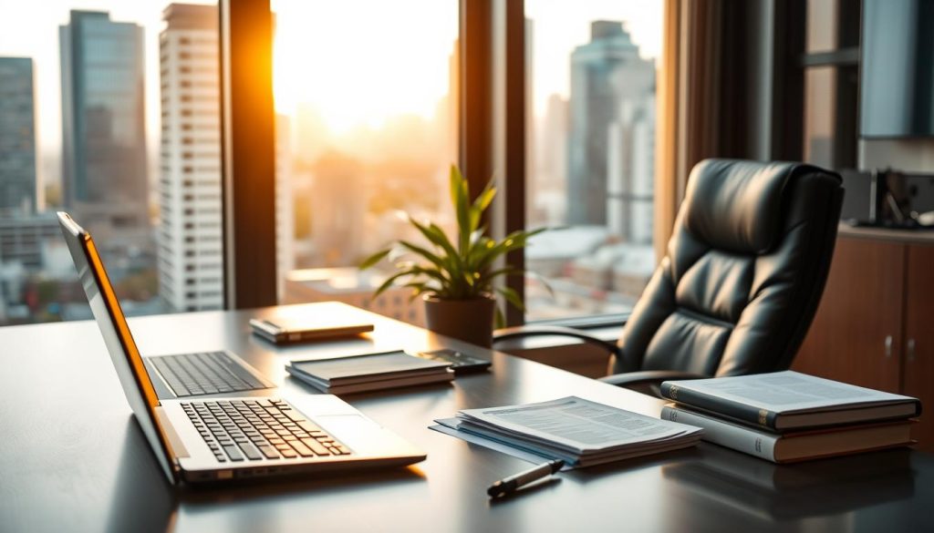 A meticulously composed office scene showcasing the "Umalis Group" brand. In the foreground, a sleek and modern desk with a laptop, calculator, and neatly organized documents, symbolizing the administrative efficiency of the portage salarial model. The middle ground features a stylish leather chair and a lush, green potted plant, creating a sense of professionalism and environmental consciousness. The background depicts a large window overlooking a bustling city skyline, bathed in warm, golden light that filters through, evoking a tranquil and productive atmosphere. The overall composition aims to visually represent the core themes of "Rémunération, frais et optimisation de salaire net en portage", conveying a sense of financial security, administrative expertise, and a commitment to employee well-being.