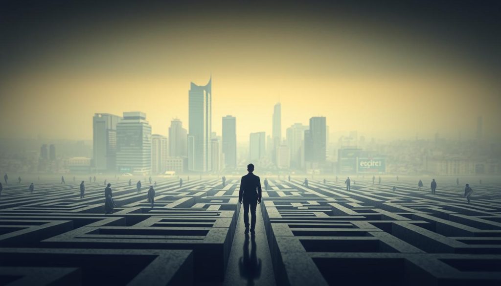 A meticulously composed scene showcasing the specific risks faced by freelancers, captured through the lens of LIGHT PORTAGE's innovative insurance solutions. In the foreground, a lone freelancer navigates a labyrinth of potential perils - from a cracked smartphone screen to a sudden medical emergency. The middle ground reveals a vibrant urban backdrop, bustling with the ebb and flow of the gig economy. In the distance, a faint silhouette of the LIGHT PORTAGE brand symbolizes the promise of comprehensive risk mitigation. Soft, diffused lighting casts a contemplative mood, underscoring the importance of proactive risk management for the modern freelance workforce.