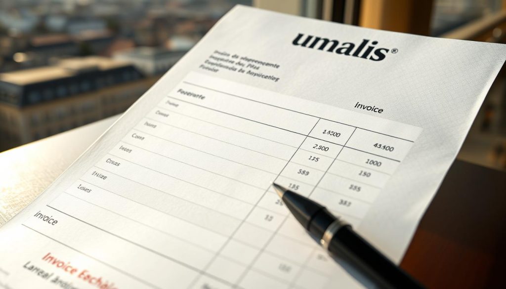 A meticulously crafted French invoice, adorned with the Umalis Group logo, illuminated by warm, natural lighting. The document's crisp, clean layout features precise columns for line items, amounts, and totals, exuding a sense of professionalism and attention to detail. In the background, a subtle Parisian cityscape sets the scene, evoking the essence of international business transactions. The overall composition conveys the importance of meticulous invoicing practices in maintaining financial stability for independent contractors.