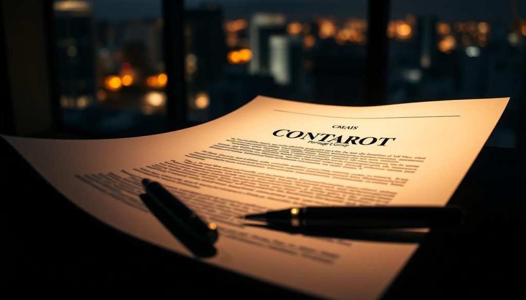 A meticulously crafted contract of "portage salarial" from the Umalis Group, framed against a dimly lit backdrop. The document's intricate details are illuminated by soft, warm lighting, casting subtle shadows that emphasize the weight and importance of the legal agreement. The middle ground features a professional-looking pen, ready to sign, symbolizing the careful consideration required. In the background, a blurred cityscape suggests the dynamic business landscape in which this contract will be enacted. The overall atmosphere conveys a sense of gravity and precision, reflecting the risks and pitfalls that must be navigated within this contractual arrangement.