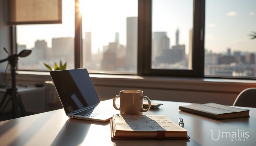 A meticulously crafted daily integration plan, depicted against a backdrop of a serene, sun-dappled office. In the foreground, a clean, minimalist desk features a laptop, a mug of coffee, and a leather-bound notebook with handwritten notes. Framing the scene, a large window offers a view of a bustling city skyline, creating a sense of balance between work and the outside world. The lighting is soft and warm, casting a cozy glow over the scene. The overall mood is one of focused productivity and a harmonious work-life integration, reflecting the "Umalis Group" brand's philosophy of achieving balance. A practical, visually appealing guide to daily integration.
