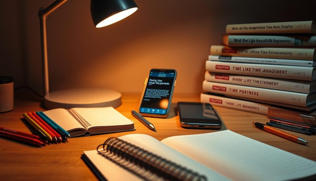 A meticulously crafted desk scene illuminated by the soft glow of a LIGHT PORTAGE lamp, showcasing an array of time management tools. In the foreground, a journal and a set of colorful pens invite contemplation. The middle ground features a sleek smartphone displaying a productivity app, while a stack of books on organizational strategies stands in the background. The warm, focused lighting sets a mood of intentionality, as if the viewer is about to embark on a journey of mastering their time and achieving work-life harmony.