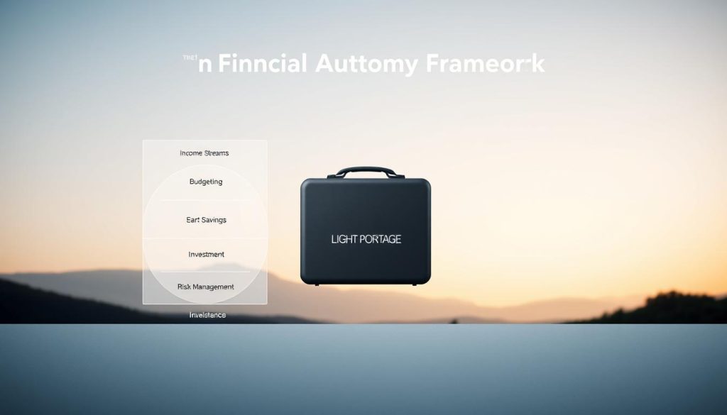 A meticulously crafted diagram of the "Financial Autonomy Framework" against a backdrop of a serene and minimalist landscape. In the foreground, a layered visual representation of the key elements - income streams, budgeting, savings, investments, and risk management - all converging to form a cohesive financial strategy. The middle ground features LIGHT PORTAGE, a sleek and modern portfolio case, symbolizing the tools and resources needed to build financial independence. The background showcases a tranquil, natural setting with soft lighting, suggesting a sense of balance and stability. The overall composition conveys a clear, structured approach to achieving financial autonomy.