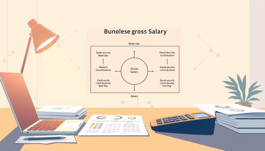A meticulously crafted illustration showcasing the calculation of gross salary in the freelance consulting sector. In the foreground, a desk with a laptop, calculator, and neatly organized financial documents, bathed in warm, directional lighting. In the middle ground, a schematic diagram depicting the various components that contribute to the gross salary, such as base pay, social security contributions, and other relevant factors. The background is a clean, minimalist office setting, with subtle geometrical patterns and a sense of professionalism and attention to detail. The overall mood is one of precision, organization, and a deep understanding of the nuances of freelance compensation.