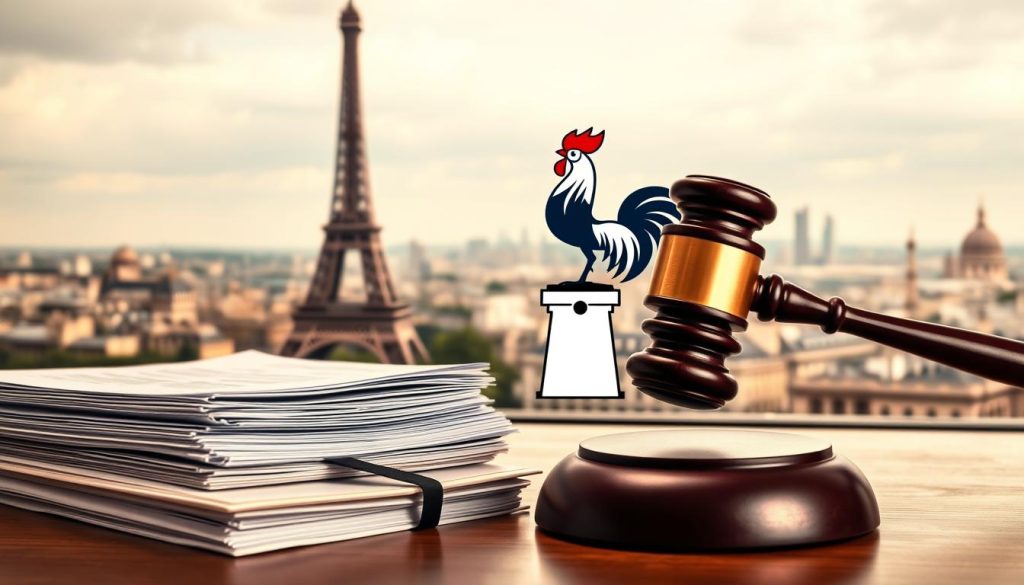 A meticulously crafted image depicting the legal framework of the French "portage salarial" system. In the foreground, a stack of legal documents and a gavel rests on a wooden desk, symbolizing the judicial aspects. The middle ground showcases a stylized illustration of the French national emblem, the Gallic rooster, perched atop a pedestal, representing the government's regulatory role. In the background, a panoramic view of the Eiffel Tower and the Parisian skyline conveys the Parisian setting of this legal framework. The scene is illuminated by warm, diffused lighting, creating a professional and authoritative atmosphere, reflecting the gravity of the subject matter.