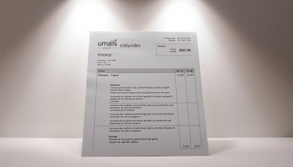 A meticulously crafted invoice with the "mentions obligatoires devis" section prominently displayed. The document is set against a neutral background, illuminated by soft, even lighting that accentuates its professional appearance. In the foreground, the Umalis Group logo stands out, conveying the authority and expertise of the document's source. The middle ground features the detailed breakdown of the mandatory elements, presented in a clean, organized layout that facilitates easy comprehension. The overall mood is one of transparency and attention to detail, reflecting the importance of this legal requirement for freelance estimates.