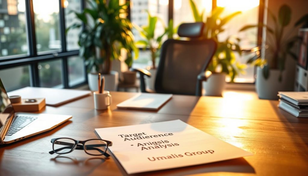 A meticulously crafted office setting, illuminated by warm, natural light filtering through large windows. In the foreground, a wooden desk with a sleek, minimalist design, adorned with a laptop, a stylish pen holder, and a pair of reading glasses. On the desk, a crisp, clean document titled "Target Audience Analysis" rests, surrounded by neatly organized files and notes. In the middle ground, a modern, ergonomic office chair invites the viewer to imagine themselves as the diligent "Umalis Group" professional, deeply engaged in their work. The background showcases a vibrant, plant-filled space, hinting at a balanced, productive work environment. The overall atmosphere exudes a sense of focus, efficiency, and a commitment to professional excellence.