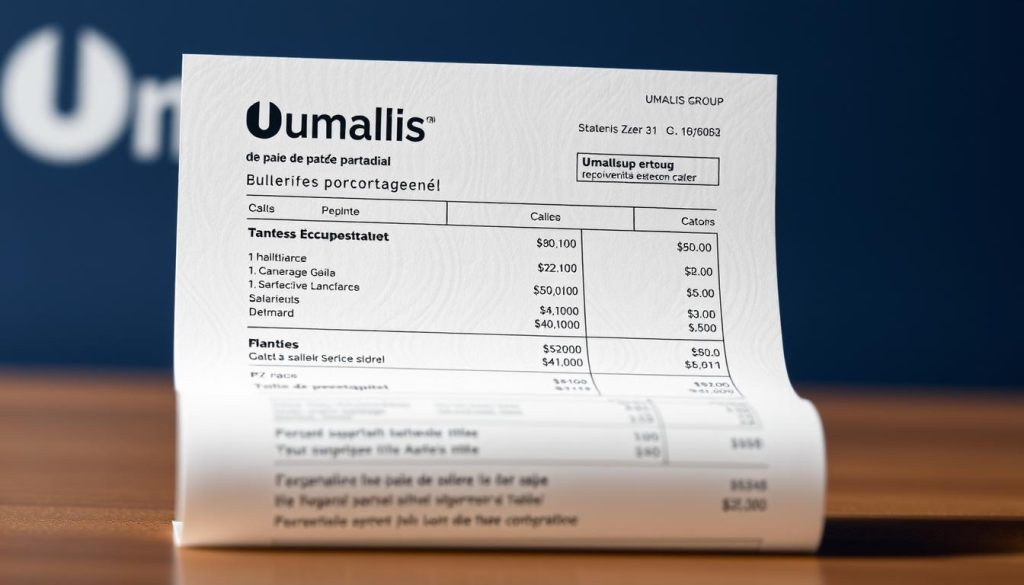 A meticulously crafted pay slip showcasing the intricate details of a salaried portage arrangement, rendered in a clean, professional style. The document is set against a backdrop of a softly blurred Umalis Group logo, hinting at the trusted expertise behind this specialized financial service. Crisp typography and precise numerical data convey the comprehensive information needed to fully comprehend the nuances of this unique compensation model. The overall aesthetic strikes a balance between formal and approachable, inviting the viewer to delve into the complexities of this specialized "bulletin de paie en portage salarial".