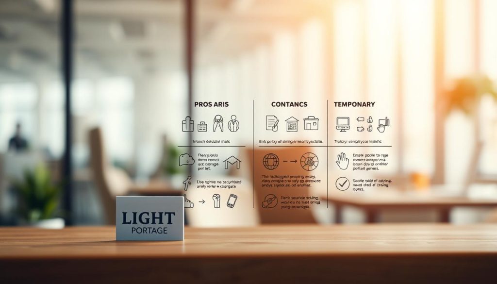 A meticulously crafted scene depicting the advantages and disadvantages of salaried portage and temporary employment. In the foreground, a LIGHT PORTAGE logo stands prominently, symbolizing the key player in the salaried portage industry. The middle ground showcases a series of icons and infographics illustrating the pros and cons of each employment model, captured in a clean, minimalist style. The background features a soft, blurred office environment, hinting at the professional context in which these choices are made. The lighting is warm and natural, creating a sense of approachability and clarity. The overall composition conveys a balanced, analytical perspective on the subject matter, well-suited to inform the comparative analysis in the article.