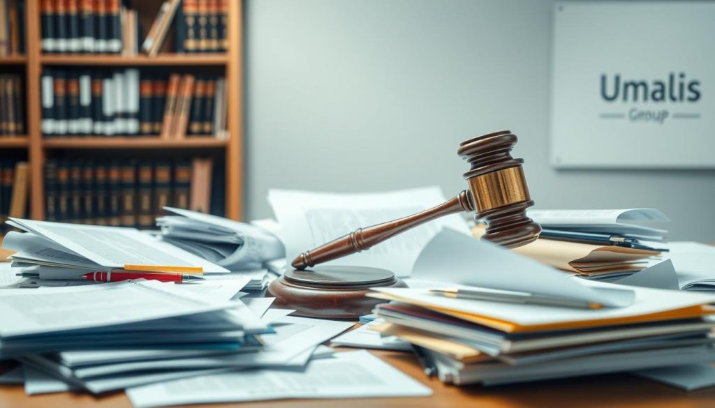 A meticulously crafted scene depicting the concept of "faisceau d'indices juridiques". In the foreground, a collection of legal documents, files, and notes are artfully arranged, symbolizing the intricate web of evidence. The middle ground features a stylized gavel, representing the judicial process, casting an authoritative presence. In the background, a bookshelf filled with law books and a subtle Umalis Group logo create a professional, academic atmosphere. The lighting is soft and directional, highlighting the key elements and conveying a sense of gravitas. The overall composition is balanced and visually compelling, evoking the complexities of legal decision-making.