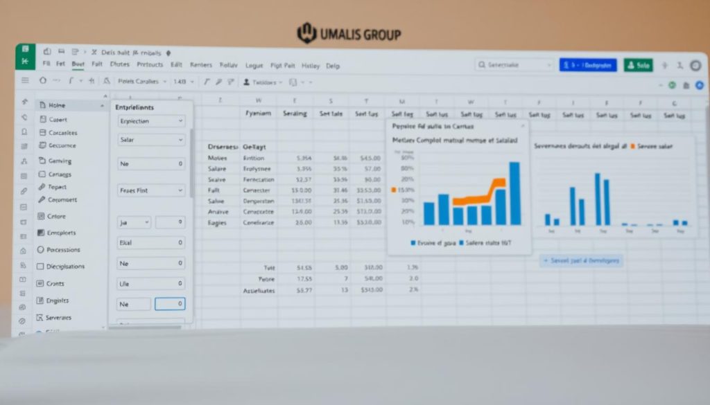 A meticulously crafted spreadsheet displaying the calculations for unemployment benefits under a Pôle emploi portage salarial arrangement. The foreground features a clean, minimalist user interface with dropdown menus, input fields, and buttons labeled in French. The middle ground showcases dynamic graphs and charts illustrating the impact of variables like salary, duration of unemployment, and severance pay on the final compensation amount. In the background, the Umalis Group logo is subtly incorporated, lending an air of authority and expertise to the scene. The overall mood is one of professionalism, clarity, and precision, with soft, warm lighting and a neutral color palette complementing the financial data presented.