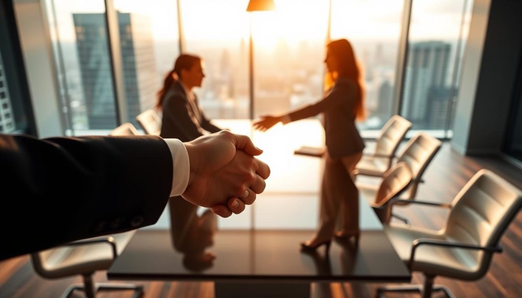 A meticulously crafted strategic partnership between the Umalis Group and its collaborators, captured through a lens of unity and synergy. In the foreground, a handshake symbolizes the firm commitment, while in the middle, a boardroom table suggests the collaborative discussions that drive the partnership's success. The background features a modern office setting, with sleek, minimalist furniture and a large window overlooking a bustling cityscape, conveying a sense of professionalism and ambition. The lighting is soft and warm, creating an atmosphere of trust and openness. The overall composition reflects the measurable success of this strategic alliance, a testament to the Umalis Group's expertise in fostering meaningful, mutually beneficial partnerships.
