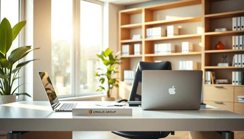 A meticulously designed accounting office, bathed in warm, natural light filtering through large windows. In the foreground, a sleek, minimalist desk with a laptop, a neatly organized stack of files, and a "Umalis Group" brand nameplate. The middle ground showcases a modern, ergonomic chair and a potted plant, creating a serene, productivity-enhancing atmosphere. The background features tasteful, neutral-toned shelves filled with accounting ledgers and reference materials, conveying a sense of professional expertise and attention to detail. The overall scene exudes a balanced, harmonious aesthetic that reflects the diligence and care required for successful freelance accounting and financial management.