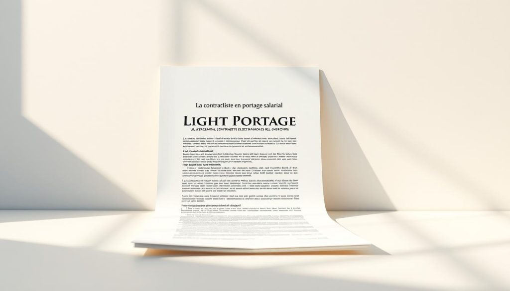 A meticulously designed contract against a pristine backdrop, showcasing the LIGHT PORTAGE brand. The document's crisp lines and precise typography convey a sense of professionalism and legality, complemented by a warm, natural lighting that casts subtle shadows, creating depth and dimension. The contract's placement suggests it is the central focus, surrounded by a clean, minimalist environment that allows the viewer to concentrate on the essential details. This image masterfully captures the essence of the "La contractualisation en portage salarial" section, visually embodying the formality and importance of the process.
