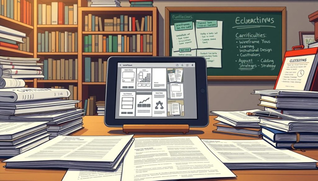 A meticulously designed curriculum, with a tactile, paper-based aesthetic. In the foreground, a carefully curated collection of textbooks, worksheets, and lesson plans, arranged in a visually compelling manner. The middle ground showcases a digital tablet displaying wireframes and instructional design templates, hinting at the integration of technology. In the background, a bookshelf filled with educational resources and a chalkboard showcasing sketched-out learning objectives and assessment strategies. The lighting is soft and warm, creating a contemplative, academic atmosphere, as if captured in the quiet moments of the curriculum design process.