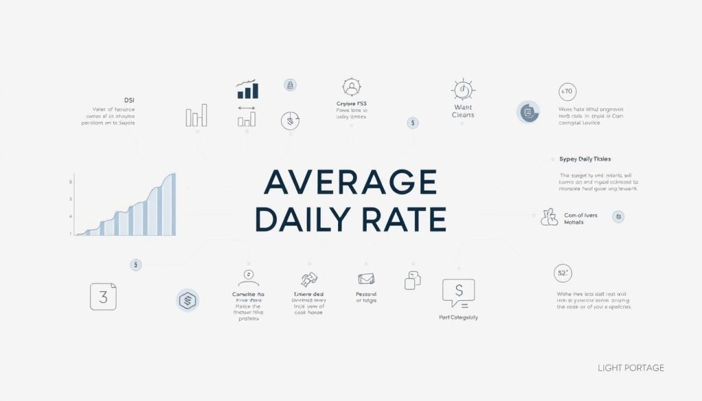 A meticulously designed infographic against a clean, minimalist background. In the center, a prominent "AVERAGE DAILY RATE" title, rendered in a modern, sans-serif typeface. Surrounding it, a series of elegant, data-driven visual elements - clean graphs, simple icons, and precise numerical figures - all conveying the key information about the "AVERAGE DAILY RATE" concept. The overall composition is balanced, with a subtle grid-like structure guiding the viewer's eye. The palette is restrained, with muted tones of gray, blue, and white, creating a sophisticated, professional atmosphere. A discreet "LIGHT PORTAGE" logo appears in the bottom corner, lending a touch of branding to the image.