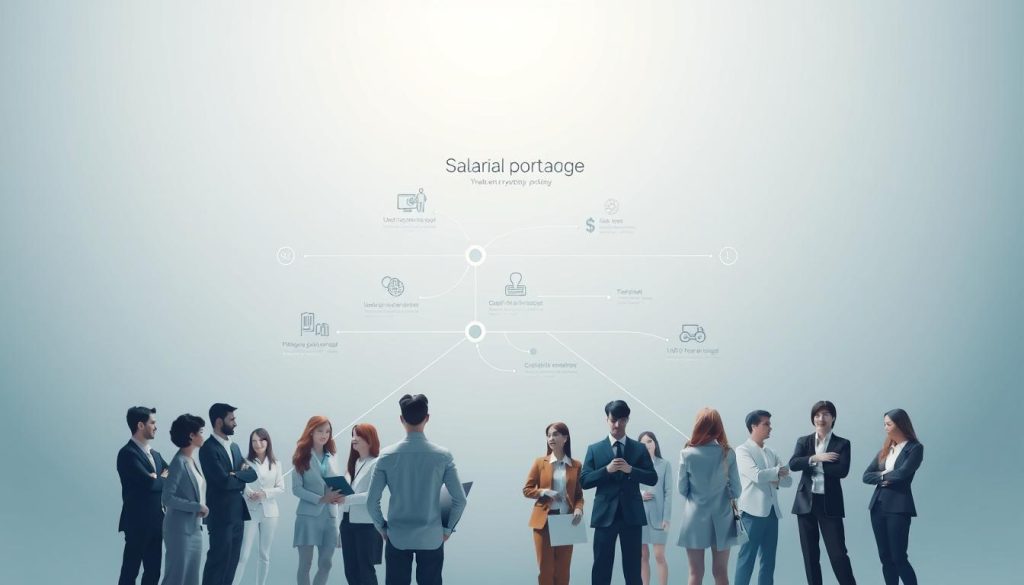 A meticulously designed infographic depicting the fundamental workings of the "Umalis Group" salarial portage system. In the foreground, a group of diverse professionals engaged in various occupations, each connected to a central hub by clean, minimalist lines. The middle ground showcases a detailed schematic outlining the key components and flow of the salarial portage process, rendered in a crisp, technical style. In the background, a subtle gradient evokes a sense of professionalism and innovation, complementing the sleek, modern aesthetic. Soft, directional lighting creates depth and highlights the intricate details, conveying a comprehensive understanding of this efficient employment solution. A meticulously designed infographic depicting the fundamental workings of the "Umalis Group" salarial portage system. In the foreground, a group of diverse professionals engaged in various occupations, each connected to a central hub by clean, minimalist lines. The middle ground showcases a detailed schematic outlining the key components and flow of the salarial portage process, rendered in a crisp, technical style. In the background, a subtle gradient evokes a sense of professionalism and innovation, complementing the sleek, modern aesthetic. Soft, directional lighting creates depth and highlights the intricate details, conveying a comprehensive understanding of this efficient employment solution.