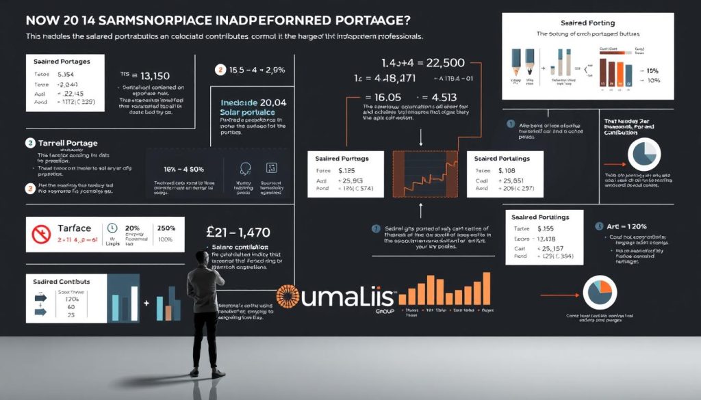 A meticulously designed infographic depicting the intricate calculations involved in salaried portage, showcasing the key factors and formulas that determine the social contributions for independent professionals. The scene is rendered in a clean, minimalist style, with a sleek, modern aesthetic. Crisp typography and elegant data visualizations fill the frame, providing a clear and comprehensive understanding of the subject matter. In the foreground, the Umalis Group logo stands prominently, subtly branding the high-quality, authoritative nature of the content. Overall, the image conveys a sense of professionalism, attention to detail, and a deep understanding of the complexities of salaried portage optimization.