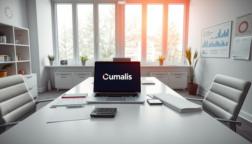 A meticulously designed office space, filled with natural light and minimalist furnishings. On the central desk, a sleek laptop displays the Umalis Group logo, surrounded by neatly organized financial documents and a calculator. The walls are adorned with informative charts and graphs, providing a visual representation of the "compte d'activité en portage salarial." The scene conveys a sense of professionalism, efficiency, and attention to detail, perfectly capturing the essence of the "Comprendre vos obligations comptables en portage salarial" article and its section on "Le compte d'activité : élément central de la gestion en portage salarial."