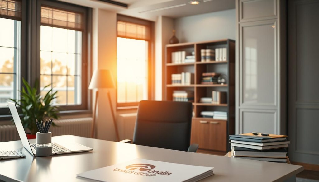 A meticulously designed office space, illuminated by warm, natural light filtering through large windows. In the foreground, a sleek, contemporary desk with a Umalis Group logo prominently displayed. Atop the desk, a laptop, a stylish pen holder, and neatly organized documents, conveying a sense of professionalism and attention to detail. The middle ground features a comfortable, ergonomic office chair, inviting the viewer to imagine themselves immersed in the administrative tasks of freelance portage salarial. The background showcases an elegant bookshelf, filled with legal references and administrative guides, hinting at the comprehensive services offered by Umalis Group to support freelancers in navigating the complexities of employment law and financial management.