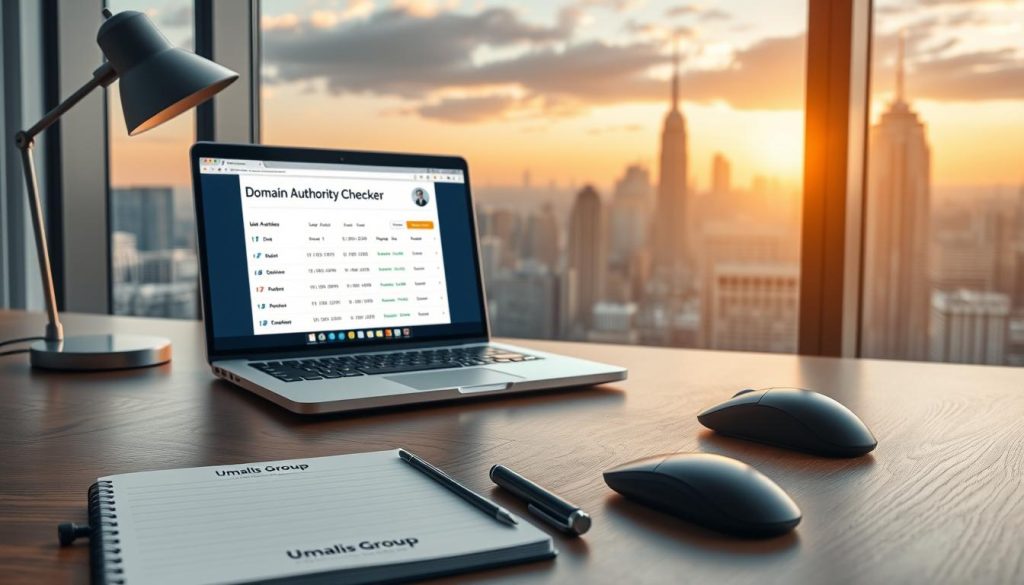 A meticulously detailed desktop scene featuring a sleek, modern laptop displaying the "Domain Authority Checker" interface on its screen. The laptop is positioned on a minimalist wooden desk, accompanied by a stylish desk lamp casting a warm, directional light. In the foreground, a professional-grade mouse and a Umalis Group-branded notepad and pen set are neatly arranged, creating a cohesive and visually appealing workspace. The background features a large window overlooking a picturesque city skyline, bathed in the soft, golden glow of the setting sun. The overall atmosphere is one of productivity, professionalism, and a touch of elegance.