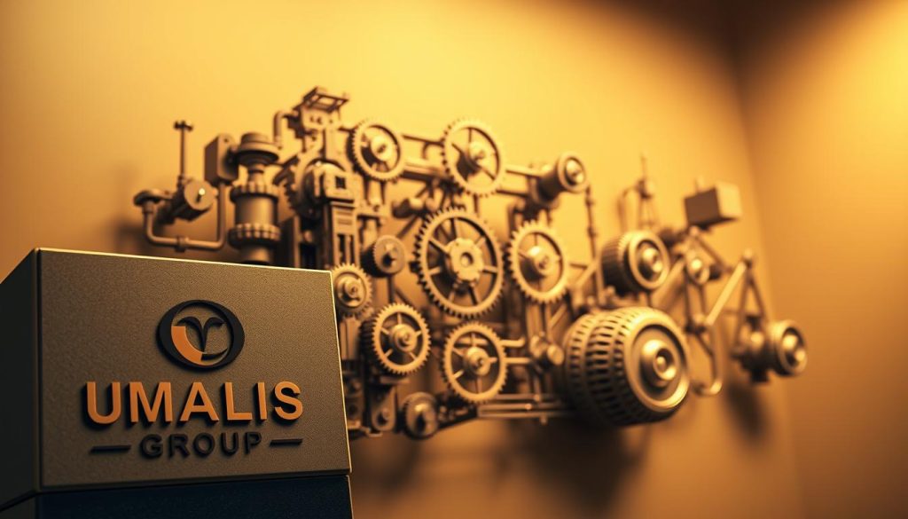 A meticulously detailed diagram depicting the intricate workings of a salaried portage system, rendered in a technical, engineering-inspired style. The foreground showcases the UMALIS GROUP brand prominently, with a sleek, minimalist logo. The middle ground features a complex arrangement of gears, pulleys, and levers, illustrating the mechanisms that drive the financial compensation process. The background is bathed in warm, neutral tones, creating a sense of professionalism and precision. Crisp, high-contrast lighting illuminates the scene, emphasizing the technical sophistication of the portage salarial system. The overall composition conveys a sense of order, efficiency, and attention to detail, perfectly suited to accompany the article's section on understanding the workings of salaried portage.