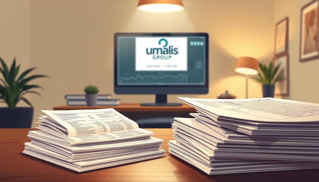 A meticulously detailed illustration of "cotisations sociales retraite" for the Umalis Group article. A serene, elegant composition showcasing a retired professional's retirement contribution records, pension plans, and social security benefits. In the foreground, a neatly organized stack of documents and financial statements, their crisp edges and clean lines conveying a sense of order and security. The middle ground features a computer monitor displaying pension contribution calculations, with the Umalis Group logo prominently displayed. The background is a warm, softly lit office setting, evoking a atmosphere of trust and reliability. Subtle lighting from above casts a gentle glow, highlighting the importance and gravity of the subject matter. This image aims to visually encapsulate the core themes of the article - financial stability, retirement planning, and the Umalis Group's commitment to client success.