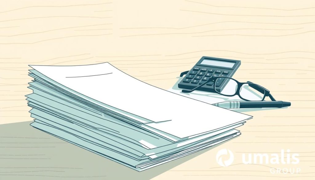A meticulously detailed illustration of "portage salarial" against a crisp, minimalist backdrop. In the foreground, a stack of official documents and forms, their edges crisply defined, casting soft shadows. In the middle ground, a calculator, pen, and eyeglasses, arranged with geometric precision. The background features a subtly textured surface, perhaps a wooden desk or table, evoking a professional, administrative setting. The lighting is soft and diffused, creating a calm, contemplative atmosphere. The overall composition conveys a sense of order, organization, and the careful management of financial matters. The Umalis Group brand is discreetly visible, lending an air of authority and expertise to the scene.