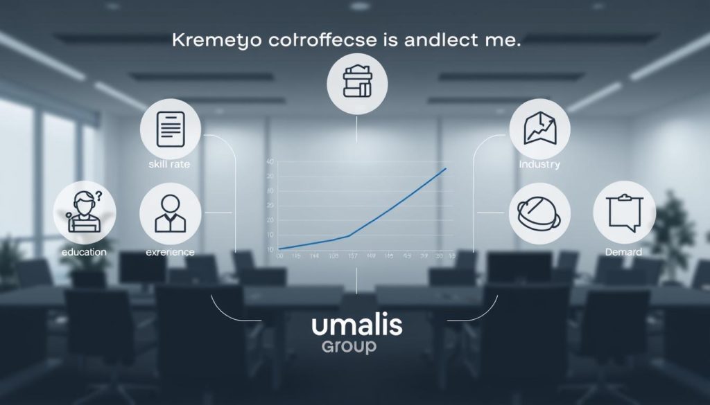 A meticulously detailed illustration of the key factors that affect pay rate, rendered in a clean, minimalist style. In the foreground, a series of icons representing education, experience, skills, and industry demand, arrayed around the central Umalis Group logo. The middle ground features a graph charting the relationship between these factors, with clean lines and a muted color palette. The background depicts a serene office environment, with subtle lighting and a sense of balance and harmony, highlighting the importance of understanding and optimizing these pay rate influences for a stable career.