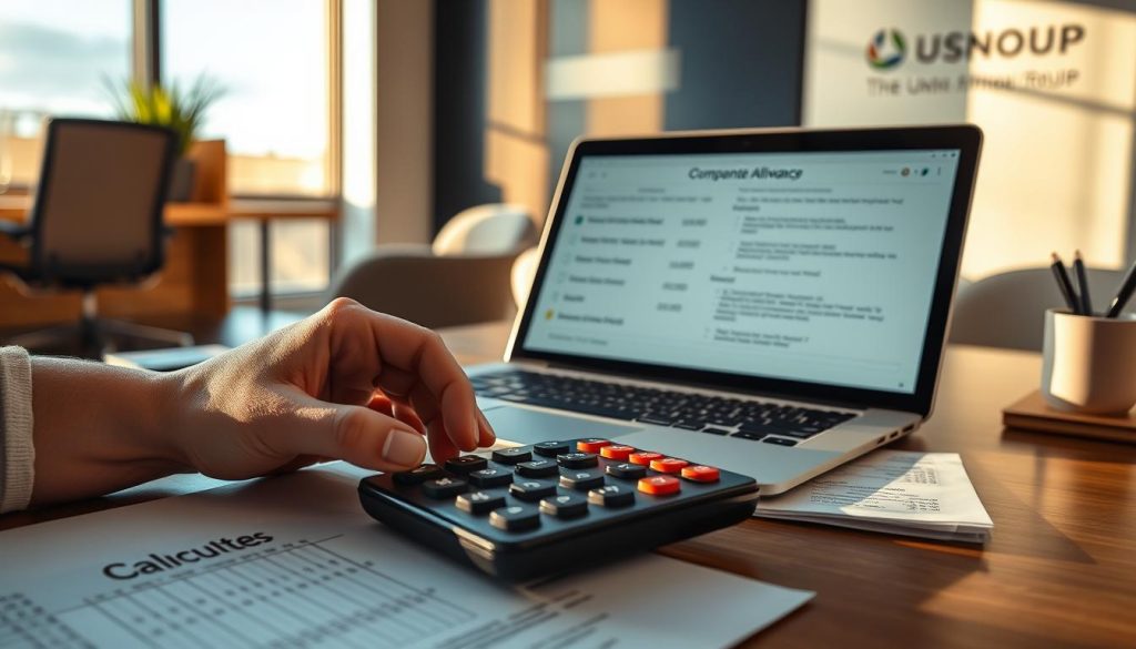 A meticulously detailed scene showcasing the calculation of a compensatory allowance for a non-compete clause. Set against the backdrop of the Umalis Group's modern, minimalist office space, the image depicts a desk with a laptop, calculator, and legal documents. Warm, natural lighting illuminates the scene, casting soft shadows and creating a contemplative atmosphere. The foreground features a human hand carefully manipulating the calculator, while the middle ground showcases the open laptop displaying relevant formulas and data. The background subtly hints at the Umalis Group's branding and corporate identity, establishing the context of the image. The overall composition and lighting evoke a sense of professionalism and precision, reflecting the importance of accurately determining this crucial compensatory allowance. A meticulously detailed scene showcasing the calculation of a compensatory allowance for a non-compete clause. Set against the backdrop of the Umalis Group's modern, minimalist office space, the image depicts a desk with a laptop, calculator, and legal documents. Warm, natural lighting illuminates the scene, casting soft shadows and creating a contemplative atmosphere. The foreground features a human hand carefully manipulating the calculator, while the middle ground showcases the open laptop displaying relevant formulas and data. The background subtly hints at the Umalis Group's branding and corporate identity, establishing the context of the image. The overall composition and lighting evoke a sense of professionalism and precision, reflecting the importance of accurately determining this crucial compensatory allowance.