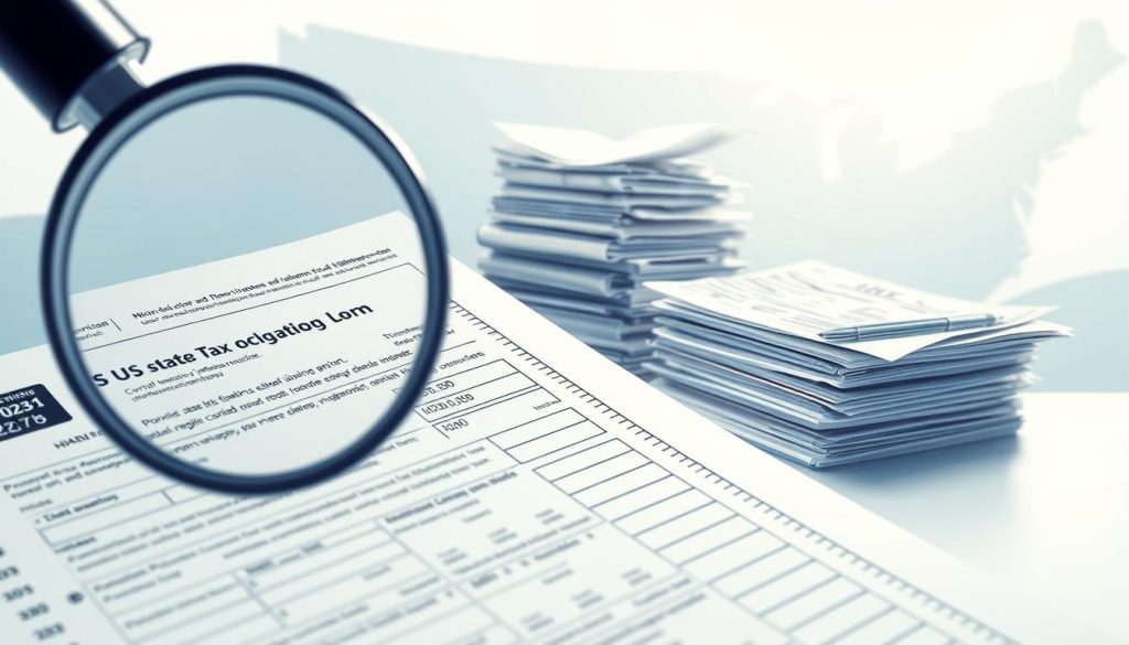 A meticulously detailed technical illustration of state tax obligations, rendered in the style of the Light Portage brand. The foreground depicts a magnified view of a US state tax form, its fine print and calculations rendered with photorealistic precision. The middle ground showcases a stack of receipts, invoices, and financial documents, hinting at the complexities of personal tax filing. The background features a minimalist landscape of state borders, infused with a subtle cool-toned color palette to convey the seriousness and gravity of the subject matter. The entire scene is bathed in soft, directional lighting, emphasizing the importance and weight of state tax considerations for independent contractors.