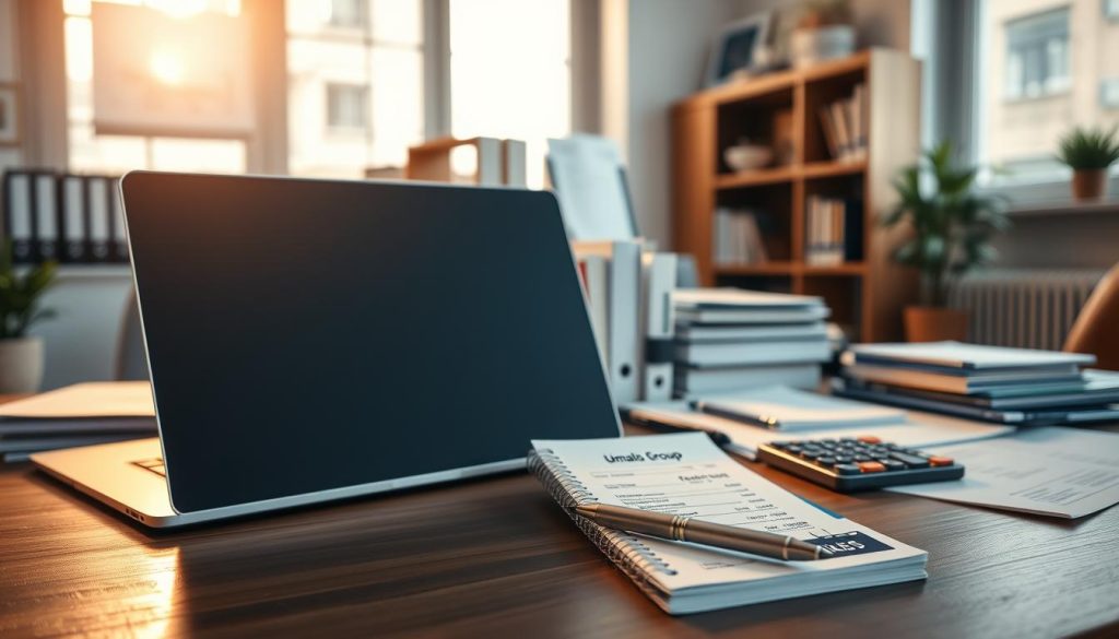 A meticulously organized office space filled with professional tools and documents, casting a warm, productive glow under soft, directional lighting. In the foreground, a laptop, pen, and receipt book with the Umalis Group logo prominently displayed, symbolizing the careful management of freelance expenses. The middle ground features carefully categorized files and a calculator, conveying the precision required for financial optimization. In the background, a bookshelf and potted plant add a sense of sophistication, while a large window allows natural light to illuminate the scene, creating an atmosphere of clarity and focus. This image embodies the concept of "Optimisation fiscale en portage salarial : passer les bonnes dépenses en frais professionnels".