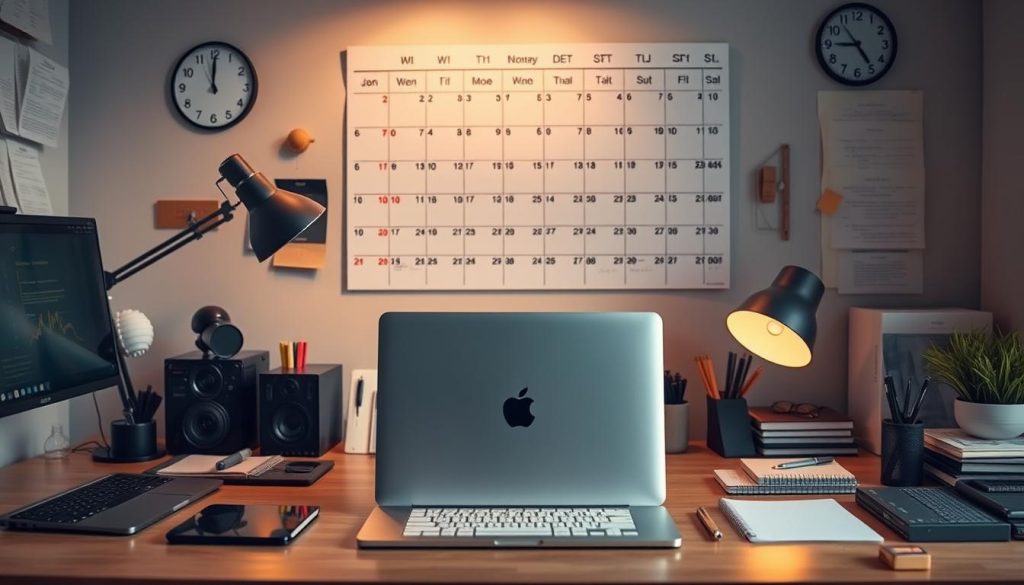 A meticulously organized workspace, with a sleek Umalis Group laptop at the center, surrounded by a well-curated array of productivity tools. Soft, warm lighting creates a focused, contemplative atmosphere, while a large wall calendar in the background emphasizes the importance of time management. The scene conveys a sense of efficiency and control, reflecting the "Techniques efficaces de gestion du temps" section of the article on optimizing productivity for a stable independent career.