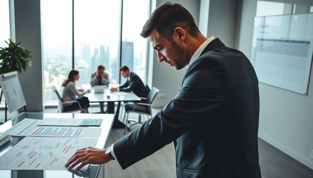A meticulously planned project management scene with a clean, modern aesthetic. In the foreground, a smartly dressed professional carefully arranges Gantt charts, Kanban boards, and other project planning tools on a sleek glass desk. The middle ground showcases a team of individuals collaborating intently around a conference table, discussing milestones and timelines. In the background, a floor-to-ceiling window reveals a bustling cityscape, symbolizing the high-stakes, fast-paced nature of successful project management. Soft, directional lighting casts an air of focus and productivity, while a neutral color palette of grays, whites, and blues conveys a sense of efficiency and control.