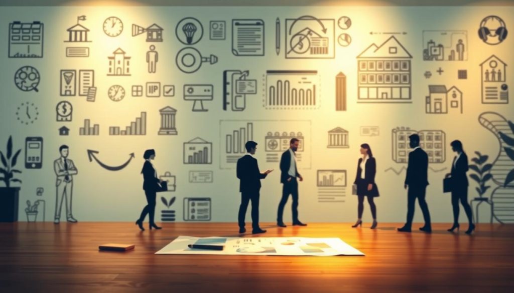 A meticulously rendered comparison of real estate employment statuses, showcasing the Umalis Group's expertise. In the foreground, an array of icons and illustrations representing different professional designations - realtor, property manager, developer. The middle ground features architectural blueprints, financial charts, and legal documents, hinting at the complexities of each role. The background bathes the scene in a warm, inviting glow, conveying the Umalis Group's dedication to guiding clients through the nuances of the real estate landscape. Crisp, high-resolution details and a balanced, cohesive composition create a visually striking illustration of the "Comparaison avec d'autres statuts dans l'immobilier" section.
