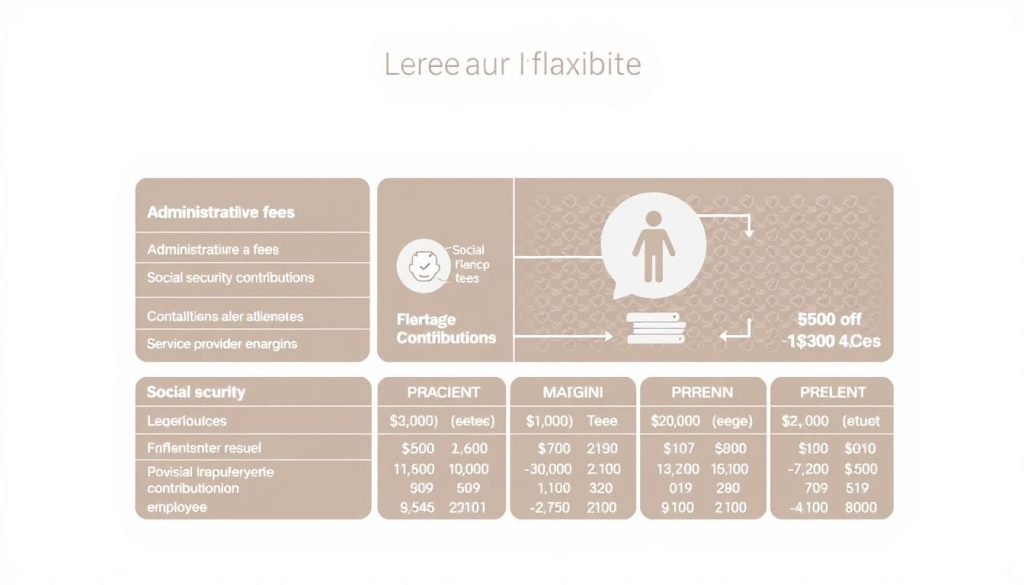 A meticulously rendered illustration of the fee structure for a French "Portage Salarial" service, which provides flexible employment solutions. In the foreground, a detailed breakdown of the various cost components, including administrative fees, social security contributions, and service provider margins, all neatly organized in a clear, data-driven layout. The middle ground showcases the flow of funds between the client, the service provider, and the employee, highlighting the financial mechanisms at play. In the background, a subtle, minimalist pattern evokes the modern, technology-driven nature of this employment model. The composition is characterized by a clean, professional aesthetic, with a careful balance of typographic elements and intuitive data visualization, all bathed in warm, neutral lighting to convey a sense of trust and transparency.