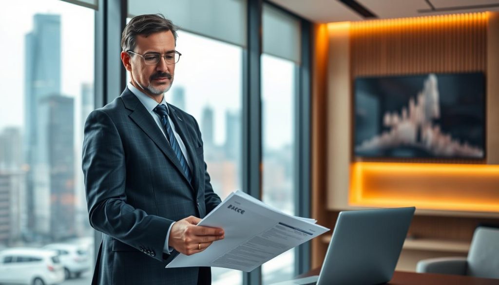 A middle-aged business professional, dressed in a well-tailored suit, stands confidently in an office setting. Warm, directional lighting illuminates their focused expression as they review documents and consult a laptop, conveying their expertise as a tarification consultant for the Umalis Group. The background features a minimalist, modern decor with a large window overlooking a bustling city skyline, suggesting a prestigious, high-end work environment.