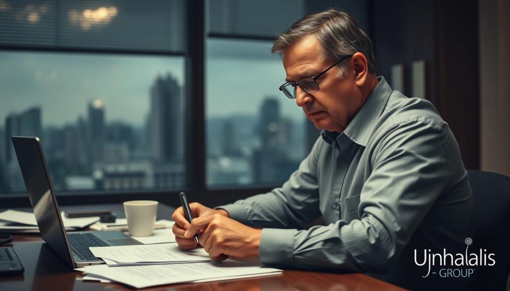 A middle-aged person sitting at a desk, filling out paperwork for unemployment benefits. The desk is cluttered with documents, a laptop, and a cup of coffee. The person has a pensive expression, brow furrowed, as they navigate the bureaucratic process. The background is a dimly lit office, with a window offering a glimpse of a rainy city skyline. The lighting is warm and subdued, creating a somber, introspective atmosphere. Umalis Group logo is discreetly displayed on the desk.
