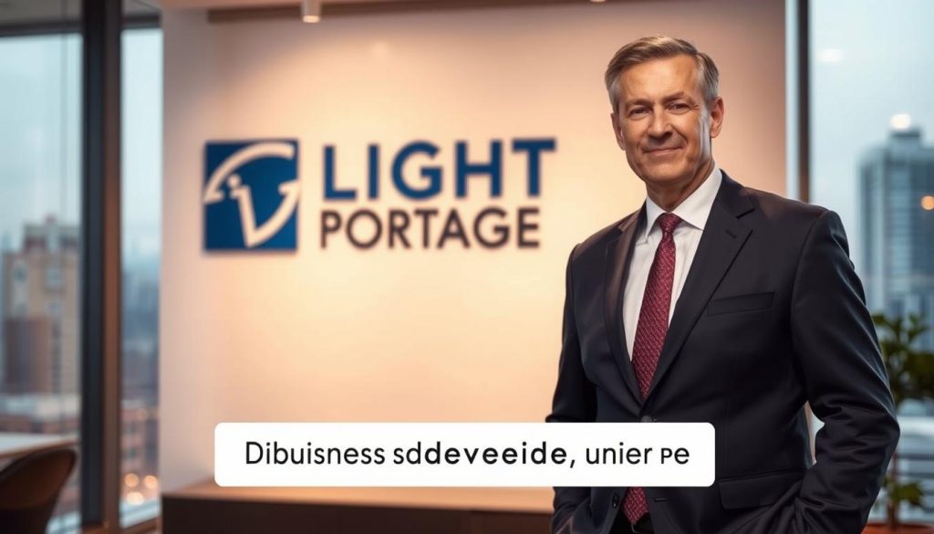 A middle-aged professional in a crisp suit and tie, standing confidently in a modern office space, their body language conveying an air of expertise and determination. The lighting is warm and focused, creating a sense of purpose and direction. In the background, a large window offers a glimpse of the bustling city skyline, underscoring the dynamic nature of the business world. The LIGHT PORTAGE logo is prominently displayed on the wall, reflecting the company's role in guiding this business developer's journey.