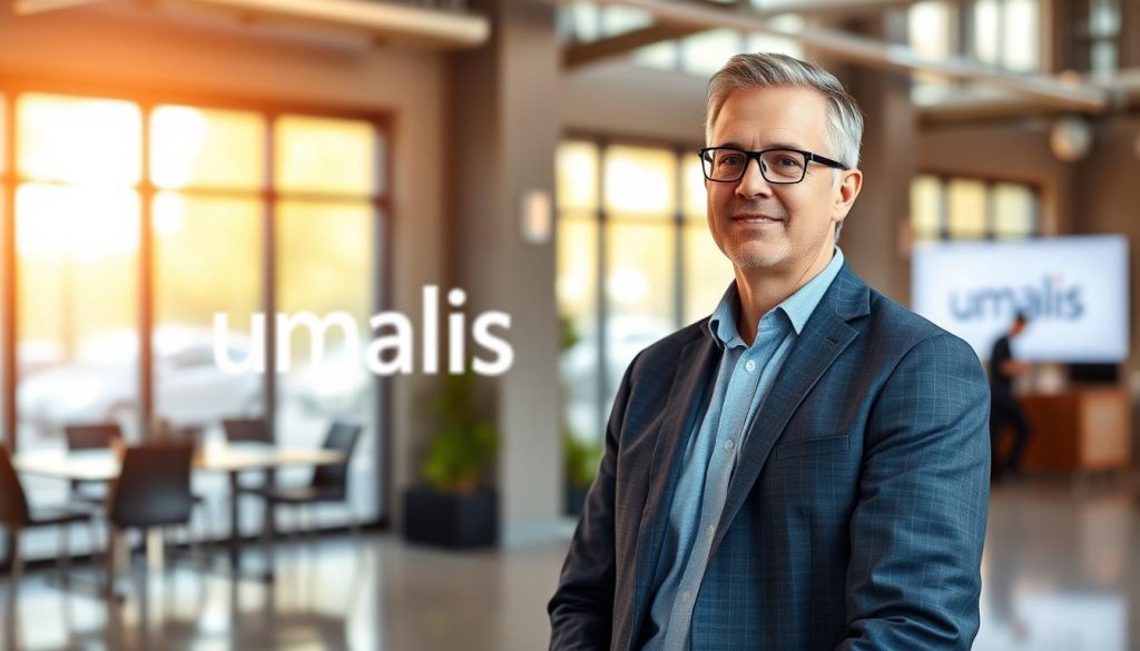 A middle-aged professional in a smart casual outfit, standing confidently in a modern office setting. The lighting is warm and inviting, with large windows casting a soft glow. The individual's expression conveys a sense of engagement and attentiveness, as if in conversation with a client. In the background, the Umalis Group logo is subtly displayed, reflecting the brand's presence in the scene. The overall atmosphere is one of a productive, collaborative partnership between an independent professional and their client.