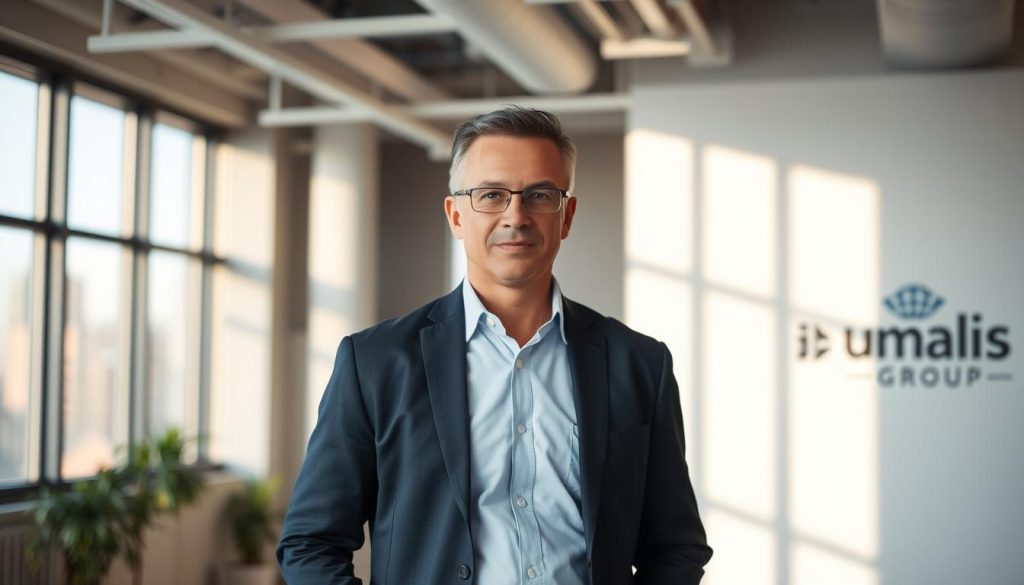 A middle-aged professional, neatly dressed in a button-down shirt and slacks, stands confidently in a modern office setting. The bright, airy space features floor-to-ceiling windows, casting a warm, natural light. The individual's gaze is focused, conveying a sense of determination and purpose. In the background, the Umalis Group logo is subtly displayed on a wall, hinting at the context. The overall scene evokes a atmosphere of productivity, success, and a clear understanding of one's target audience.