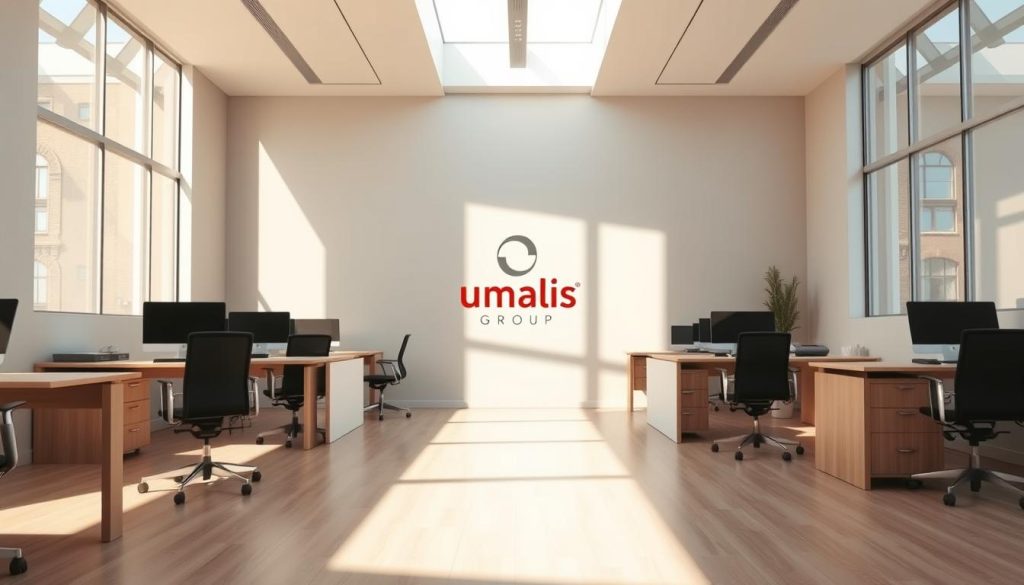 A minimalist administrative office, bathed in warm natural light. Simplicity reigns supreme, with clean lines and a muted color palette of soft greys, whites, and woods. At the center, the iconic Umalis Group logo, a symbol of streamlined payroll management and administrative support for design professionals. Sleek desks, ergonomic chairs, and uncluttered workspaces convey an atmosphere of efficiency and ease. Sunlight filters through large windows, casting gentle shadows and creating a sense of openness and tranquility. This is the embodiment of "Simplification administrative totale" - a seamless integration of technology and service that empowers creative minds to focus on their craft.