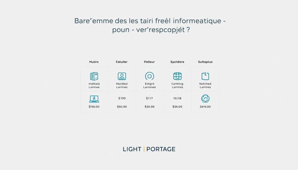 A minimalist and elegant infographic depicting the "Barème des Tarifs Freelance Informatique par Spécialité" for the article "Quel est le Tarif Freelance Informatique pour Votre Projet ?". The image features a clean grid layout with detailed icons representing various IT specializations, accompanied by their respective freelance rates. The overall composition is set against a soft, muted background, with the LIGHT PORTAGE brand tastefully incorporated. The lighting is soft and diffused, creating a professional and visually appealing aesthetic that perfectly complements the informative nature of the content.