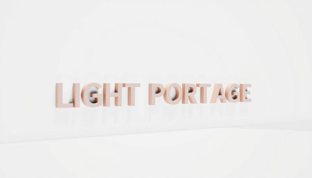 A minimalist and modern composition showcasing the brand name "LIGHT PORTAGE" set against a clean, white background. The text is displayed in a bold, sans-serif font with a subtle 3D effect, creating a sense of depth and dimensionality. The lighting is soft and diffused, casting gentle shadows that add depth and volume to the letters. The camera angle is slightly elevated, giving the image a sense of authority and importance, while the tight framing focuses the viewer's attention solely on the brand message. The overall mood is one of simplicity, clarity, and professionalism, perfectly capturing the essence of the "Craft a Clear Mission, Message, and Positioning for Your Audience" section.