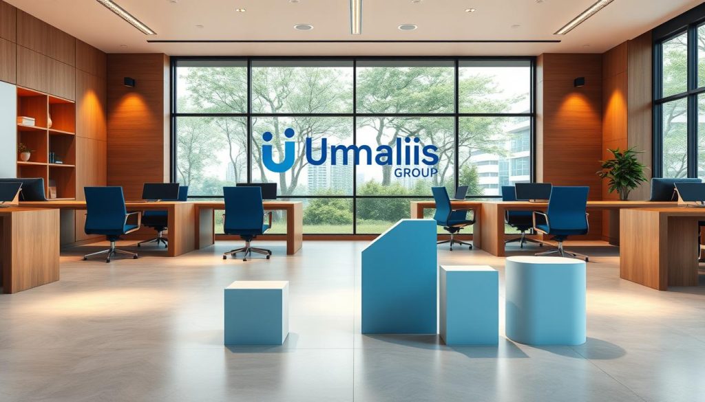 A minimalist and modern office interior with warm lighting, depicting the core values of the Umalis Group brand. Sleek wooden desks and chairs, accented with pops of the brand's signature blue color. In the background, a large window overlooking a serene natural landscape, symbolizing the company's commitment to sustainability and work-life balance. The foreground features abstract 3D shapes and forms, representing the fundamental principles that guide the Umalis Group's corporate culture - innovation, teamwork, and employee empowerment. The overall atmosphere conveys a sense of professionalism, creativity, and a strong, unified organizational identity.
