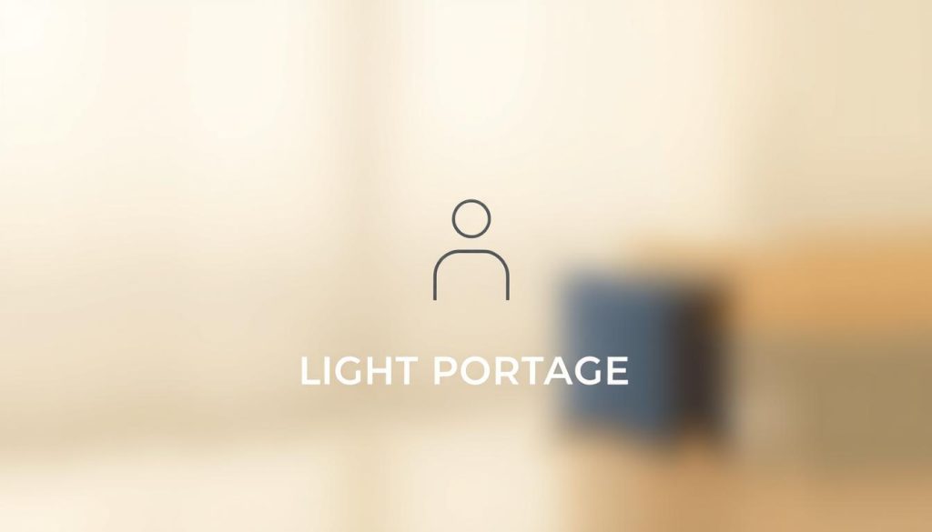 A minimalist and streamlined illustration of a "régime micro-entreprise" against a softly blurred background. In the foreground, a simple monogram-style logo for the brand "LIGHT PORTAGE" in a clean, modern typeface. The middle ground features a simplified line-drawing of a person's silhouette, representing the independent nature of a micro-enterprise. The background is a soft, hazy gradient, conveying a sense of accessibility and ease. The overall mood is one of simplicity, professionalism, and approachability, in keeping with the subject matter.