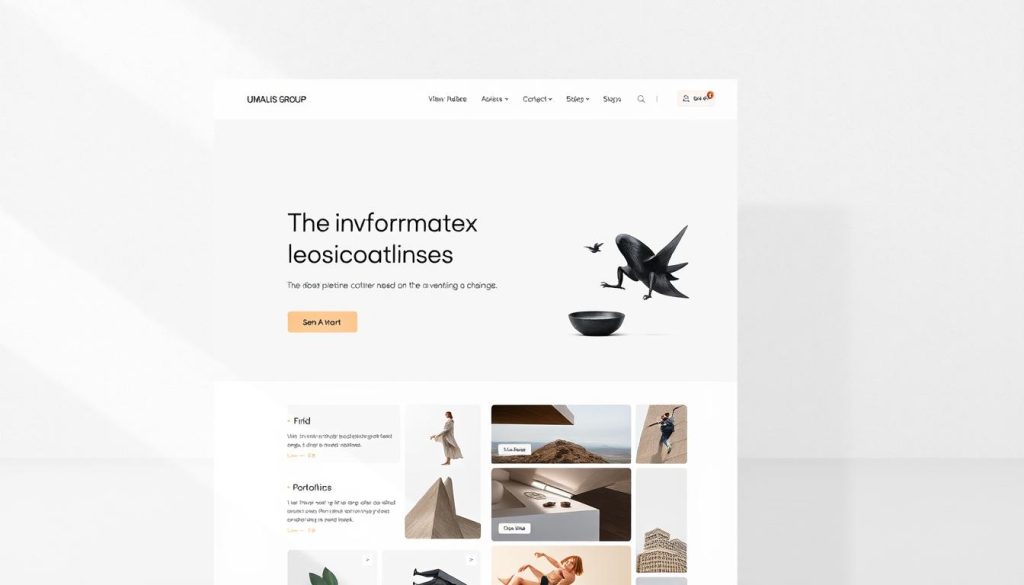 A minimalist and visually-striking website design with the Umalis Group brand name prominently featured. The layout showcases various UI elements such as a clean navigation bar, hero section with a bold call-to-action button, grid of portfolio projects, and subtle textured backgrounds. The design has a serene, professional atmosphere with muted color tones and strategic use of negative space. Soft directional lighting from the top left casts gentle shadows, highlighting the depth and dimensionality of the interface. The overall impression is one of elegant simplicity, reflecting the high-quality work of the Umalis Group.