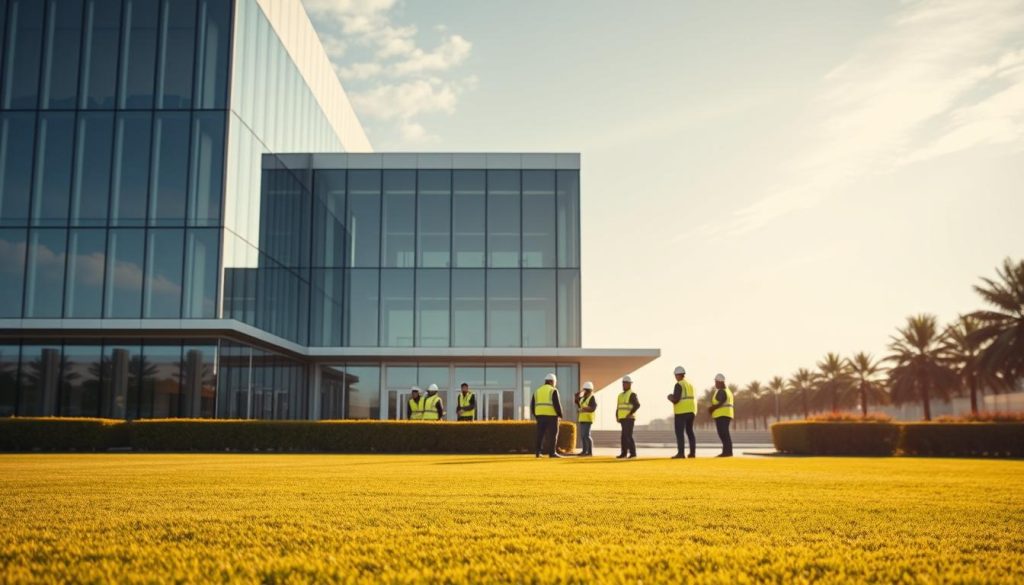 A minimalist architectural scene showcasing the UMALIS GROUP building, a modern structure with clean lines and geometric shapes. The building's exterior is composed of sleek glass and steel, reflecting the sky and surrounding environment. The foreground features a well-manicured lawn with neatly trimmed hedges, creating a sense of order and professionalism. In the middle ground, a group of construction workers in high-visibility vests are engaged in various tasks, highlighting the company's expertise in civil liability and construction. The background is softly blurred, creating a sense of depth and focus on the building and its activities. The lighting is warm and natural, casting subtle shadows and highlights that accentuate the structure's architectural details. The overall atmosphere conveys a sense of safety, reliability, and responsible construction practices.