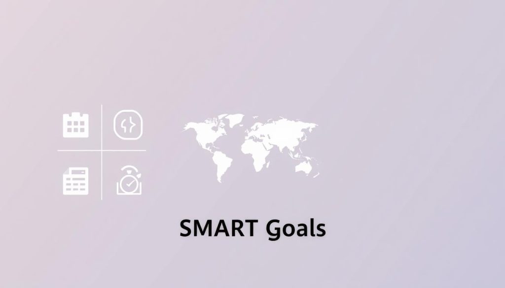 A minimalist, clean-lined, and well-structured illustration of the SMART goals strategy. In the foreground, a geometric arrangement of icons and shapes representing the key elements of SMART goals: Specific, Measurable, Achievable, Relevant, and Time-bound. The middle ground features a simple, stylized world map, symbolizing the global reach and applicability of this strategy. The background is a soft, muted gradient, creating a sense of focus and clarity. The overall mood is one of efficiency, organization, and strategic planning, with a touch of modern, professional elegance.